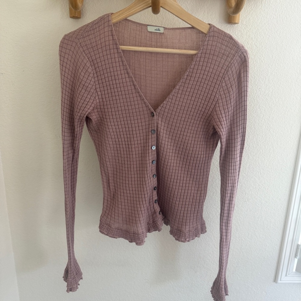 Odille Anthropologie blush pink knit button up ruffle top romantic whimsical